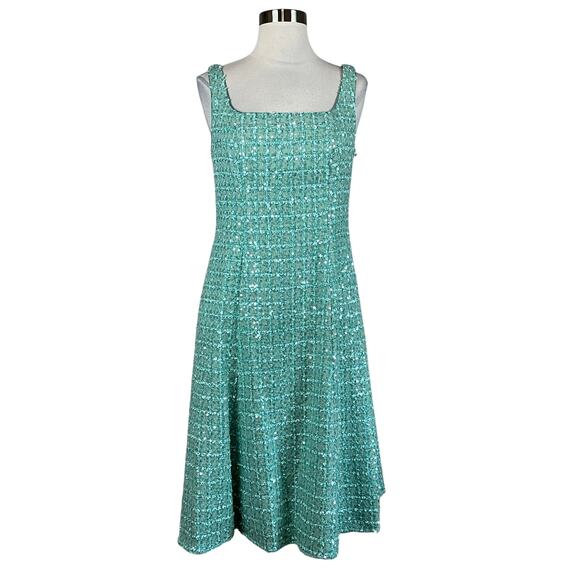 Adrianna Papell Sequined Boucle Fit and Flare Cocktail Dress Green Size 6 Midi - Picture 1 of 14
